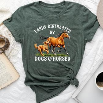 Easily Distracted By Horses And Dogs Girls Equestrian Bella Canvas T-shirt | Mazezy
