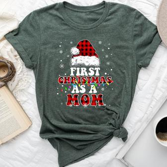 First Christmas As A Mom Santa Hat Red Plaid Buffalo Bella Canvas T-shirt - Seseable