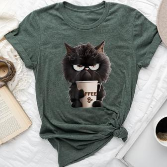Angry Black Cat Drinking Coffee Loves Coffee Pet Bella Canvas T-shirt - Monsterry UK