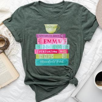 Jane Austen Book Stack Tea Fans Vintage Literary Bella Canvas T-shirt - Seseable