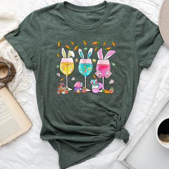 Wine Glasses Bunny With Egg Basket Spring Easter Women Bella Canvas T-shirt - Seseable
