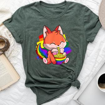 Gay Pride Kawaii Fox Ramen Noodles Rainbow Flag Bella Canvas T-shirt - Monsterry