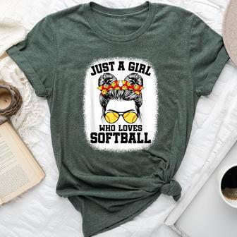 Girls Softball Fan Player Messy Bun Softball Lover Bella Canvas T-shirt - Seseable