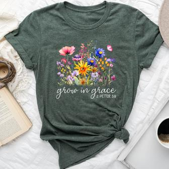 Grow In Grace Wildflower Boho Christian Scripture Religious Bella Canvas T-shirt - Seseable