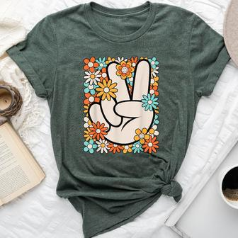 Hippie Peace Hand Sign Groovy Flower 60S 70S Retro Bella Canvas T-shirt - Seseable