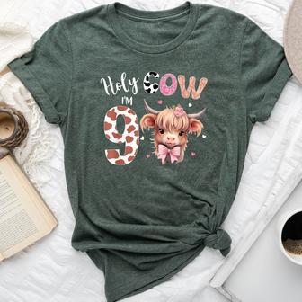 Holy Cow I'm 9 Highland Cow Print 9Th Birthday Girl Bella Canvas T-shirt - Monsterry