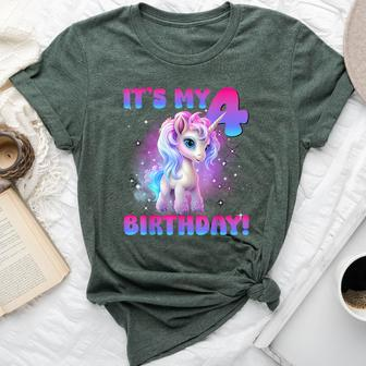 Its My 4Th Birthday Girl Unicorn Family Party Decorations Bella Canvas T-shirt - Seseable