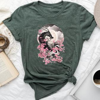 Japanese Dragon & Cherry Blossom & Full Moon Asian Bella Canvas T-shirt | Mazezy