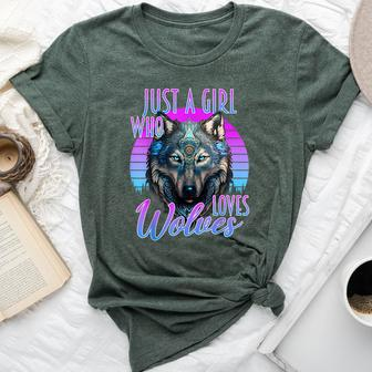 Just A Girl Who Loves Wolves Wolf Purple & Blue Sunset Bella Canvas T-shirt - Monsterry