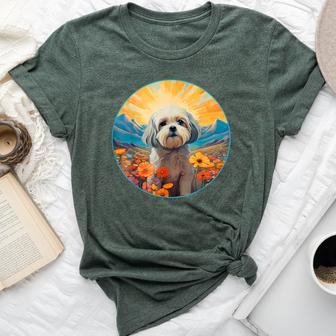 Lhasa Apso Puppy Dog Cute Flower Mountain Sunset Colorful Bella Canvas T-shirt | Mazezy