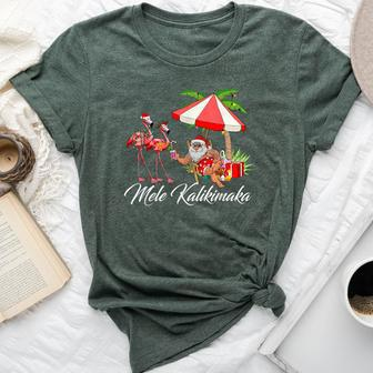 Mele Kalikimaka Santa Flamingo Tropical Christmas Hawaiian Bella Canvas T-shirt | Mazezy