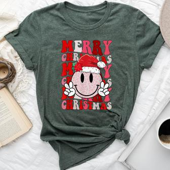 Merry Christmas Smile Face Santa Claus Hat Groovy Retro Bella Canvas T-shirt - Seseable