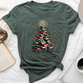 Merry Christmas Tree Love Reading Books Librarian Women Bella Canvas T-shirt - Seseable