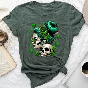 Messy Bun Irish Skull Saint Pattys Day Bella Canvas T-shirt - Seseable