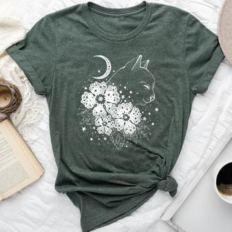 Mystic Cat With Moon And Flowers Astrology Esoteric Cat Bella Canvas T-shirt - Monsterry