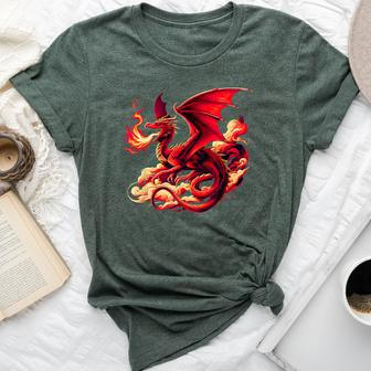 Mythical Red Dragon Breathes Fire On Clouds Boy Girl Dragon Bella Canvas T-shirt - Seseable