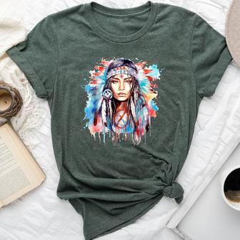 Native American Day Indigenous Girl With Feathers Bella Canvas T-shirt - Thegiftio UK