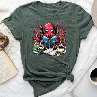 Octopus Reading Book Coffee Lover Bookaholic Bookworm Reader Bella Canvas T-shirt - Seseable