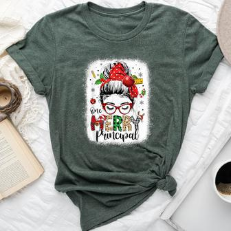 One Merry Principal Christmas Messy Bun Principal Bella Canvas T-shirt - Seseable