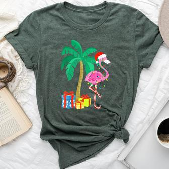 Pink Flamingo Christmas Palm Tree Tropical Xmas Bella Canvas T-shirt - Seseable