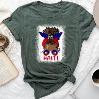Proud Haitian Girl Messy Bun Haiti Flag Black Woman Bella Canvas T-shirt - Seseable