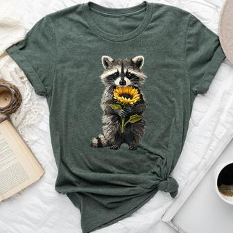 Raccoon Holding Sunflower Cute Flower Bella Canvas T-shirt - Seseable