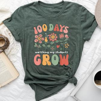 Retro Boho Flower Teacher 100 Days Watching My Students Grow Bella Canvas T-shirt - Seseable