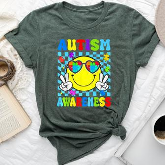 Retro Groovy Autism Awareness Hippie Smile Face Boy Girl Kid Bella Canvas T-shirt - Monsterry
