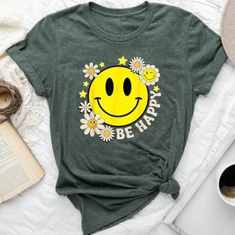 Retro Groovy Be Happy Smile Face Daisy Flower 70S Bella Canvas T-shirt - Seseable