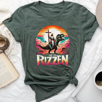 He Is Rizzen Jesus Has Rizzen Retro Christian Dinosaur Bella Canvas T-shirt | Mazezy
