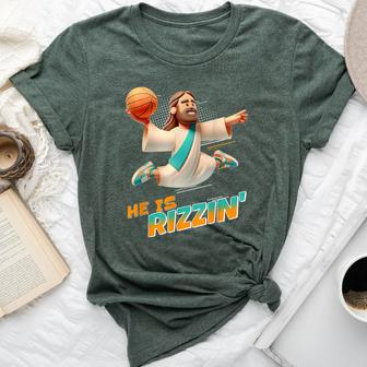 He Is Rizzin' Easter Risen Jesus Christian Faith Basketball Bella Canvas T-shirt - Seseable