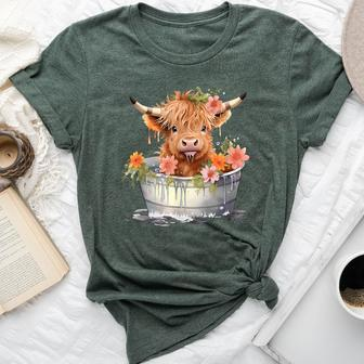 Scottish Baby Highland Cow Cattle Farm Floral Cute Cow Lover Bella Canvas T-shirt - Monsterry
