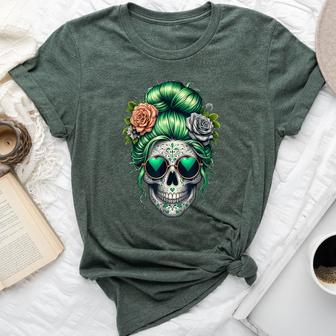 St Pattys Day Skull Bun Messy Irish Women Bella Canvas T-shirt | Mazezy