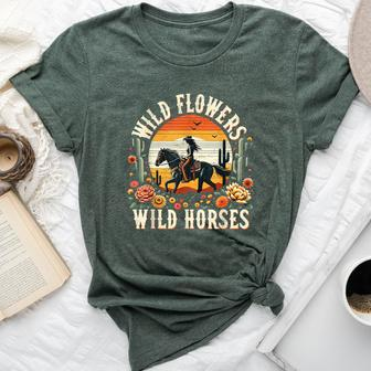 Sunset Cowgirl Riding Horse Wild Flowers Wild Horses Bella Canvas T-shirt - Seseable
