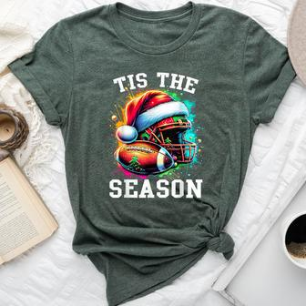 Tis The Season Football Mom Christmas Santa Hat Colorful Bella Canvas T-shirt | Mazezy