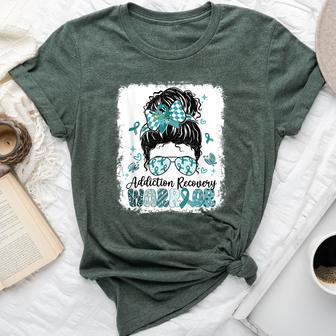 Warrior Messy Bun Teal Ribbon Addiction Recovery Bella Canvas T-shirt - Monsterry