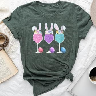 Women's Easter Wine Glasses With Bunny Ears And Eggs Bella Canvas T-shirt - Thegiftio UK