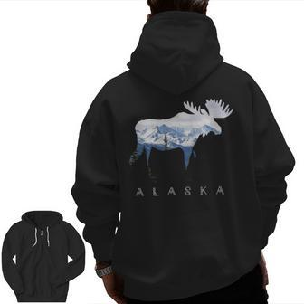 Alaska Day Moose Snowy Mountain Zip Up Hoodie Back Print | Mazezy