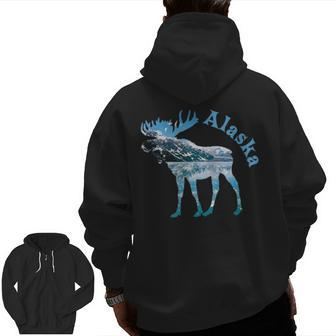 Alaska Moose Souvenir Keepsake Alaskan Snowy Mountain Zip Up Hoodie Back Print | Mazezy