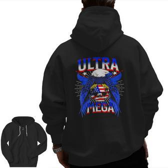 America Eagle Skull Ultra Mega The Great Maga King Ultra Mega Patriot Zip Up Hoodie Back Print | Mazezy