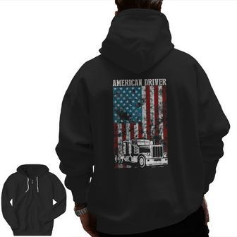 American Flag Big Rig Semi Trailer Truck Driver Premium Zip Up Hoodie Back Print | Mazezy