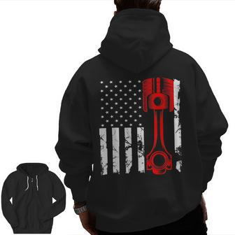 American Flag Piston Muscle Car Car Enthusiast Zip Up Hoodie Back Print | Mazezy