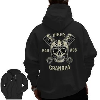 Bad Ass Biker Grandpa Motorcycle Father's Day Zip Up Hoodie Back Print | Mazezy