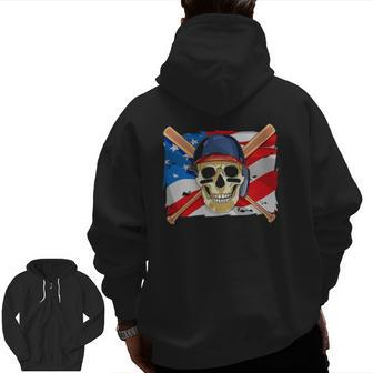 Baseball Skull 4Th Of July American Player Usa Flag Zip Up Hoodie Back Print | Mazezy