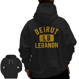 Beirut Lebanon Gym Style Distressed Amber Print Zip Up Hoodie Back Print | Mazezy