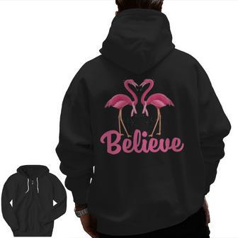 Believe Breast Cancer Flamingo Awareness Pink Ribbon Zip Up Hoodie Back Print | Mazezy