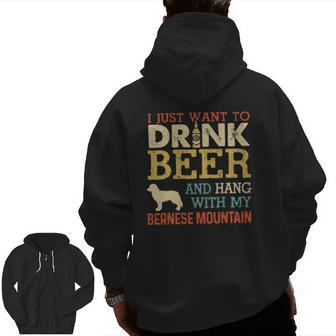 Bernese Mountain Dad Drink Beer Hang With Dog Vintage Zip Up Hoodie Back Print | Mazezy