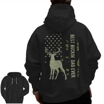 Best Buckin' Dad Camouflage American Flag Deer Hunting Zip Up Hoodie Back Print | Mazezy
