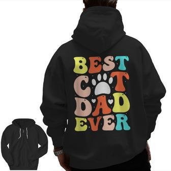Best Cat Dad Ever Happy Father Day 2023 Retro Groovy Cat Paw Zip Up Hoodie Back Print | Mazezy