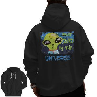 Best Dad In The Universe Alien Distressed Zip Up Hoodie Back Print | Mazezy